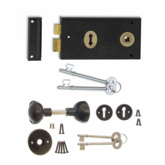 Black Rim Sash Lock 145 x 75mm with Knob Set - Direct Hardware UK