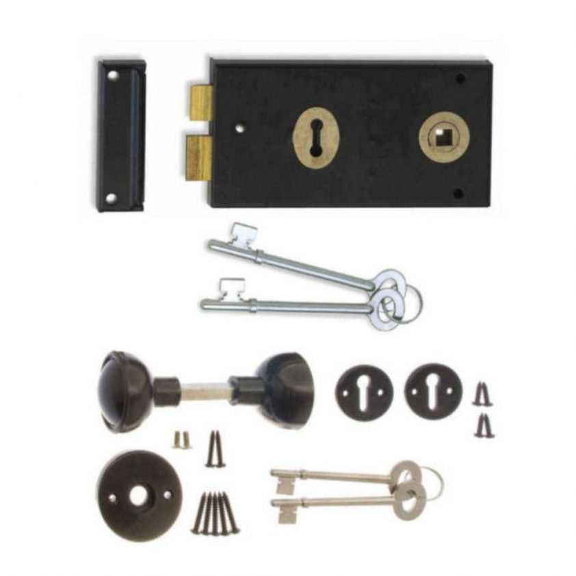 Black Rim Sash Lock 145 X 75mm With Knob Set - Direct Hardware Uk