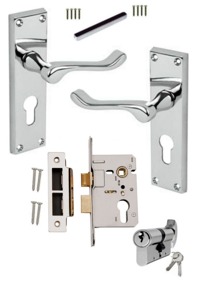 Chrome Scroll Euro Lever Lock Door Handles +64mm Euro Sashlock + 60mm