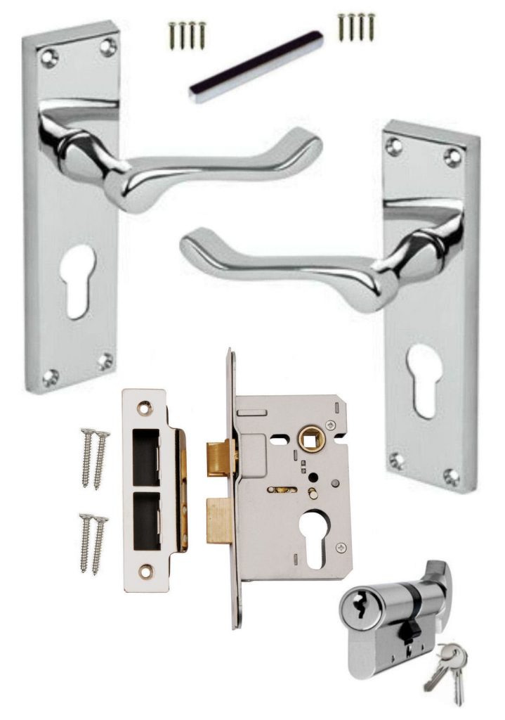 Chrome Scroll Euro Lever Lock Door Handles +64mm Euro Sashlock + 60mm ...