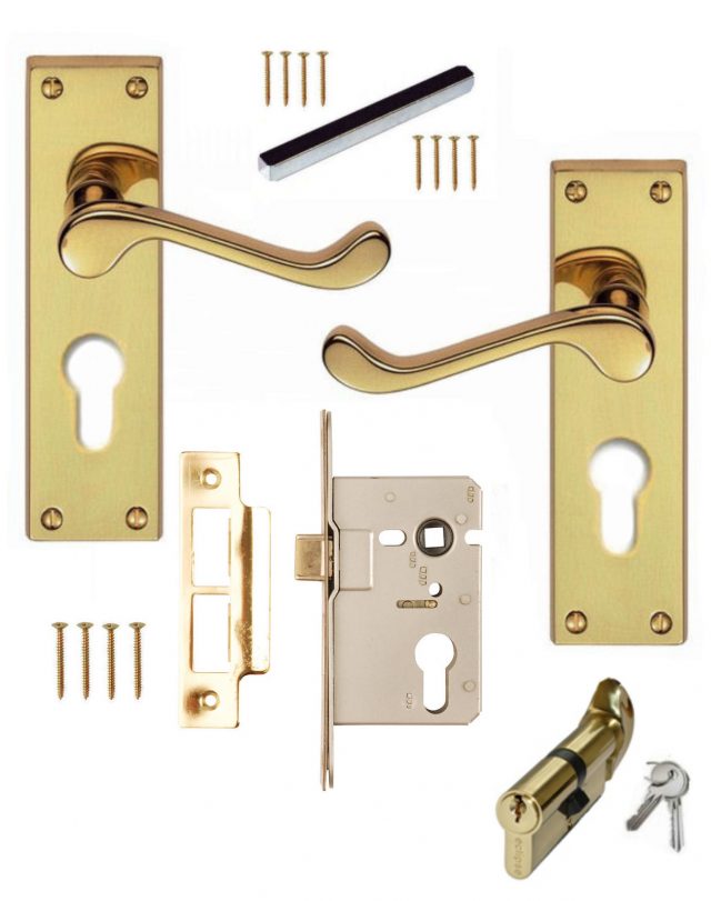 Brass Scroll Euro Lever Lock Door Handles +76mm Euro Sashlock +cylinder 