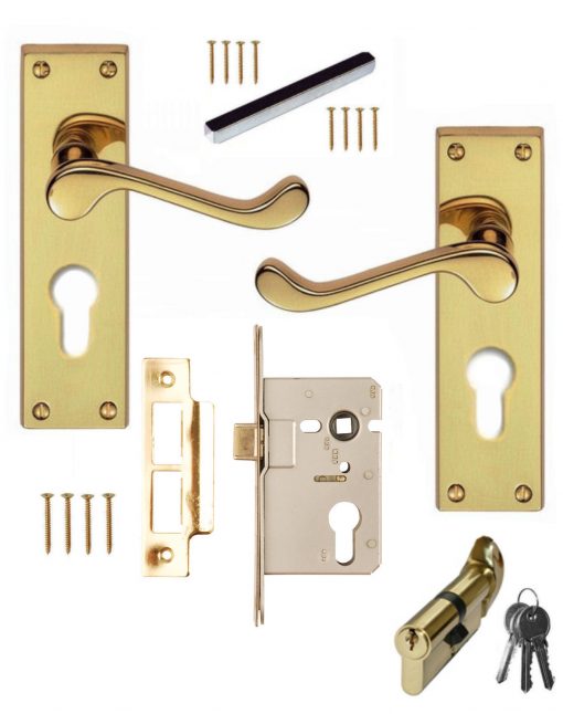 Brass Scroll Euro Lever Lock Door Handles 64mm Euro Sashlock 80mm Cylinder Turn 