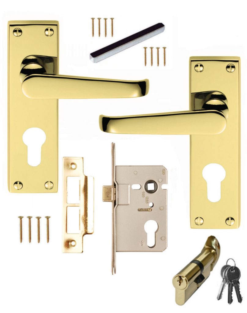 Brass Straight Euro Lever Lock Door Handles +76mm Sashlock + 70mm
